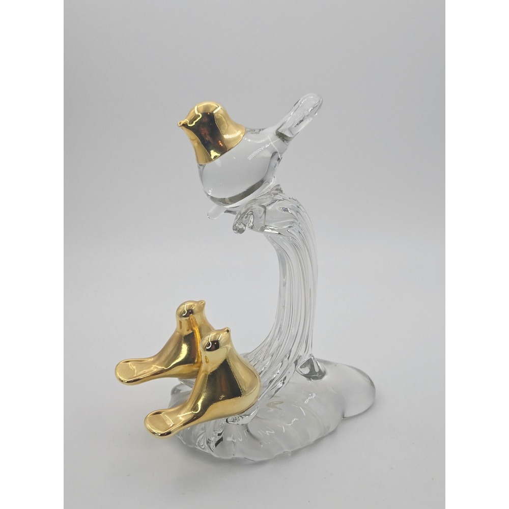 Vintage MCM 3 Bird Figurine Gold Dipped Trio Clear Glass Taiwan 6"